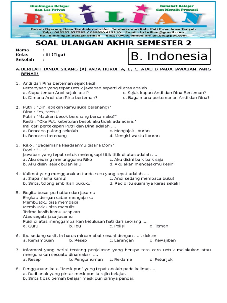 10 Rahasia Nilai Sempurna dengan Latihan Contoh Soal Bahasa Indonesia Kelas 3 SD K13