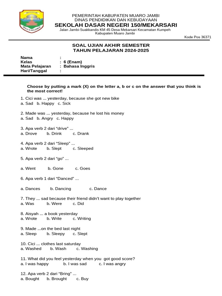 Soal Ujian Bahasa Inggris Kelas 6 PDF Soal Ujian Bahasa Inggris Kelas 6 PDF