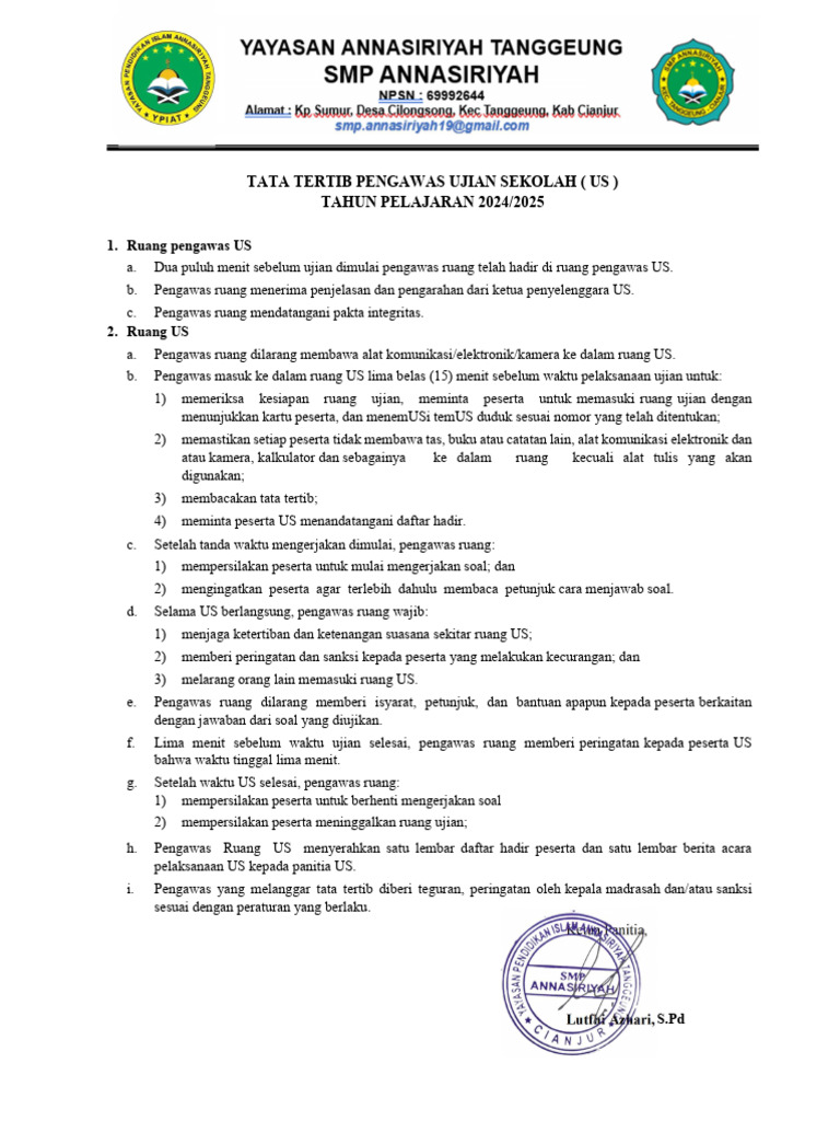 Tata Tertib Pengawas Ujian Sekolah 2024 PDF Tata Tertib Pengawas Ujian Sekolah 2024 PDF