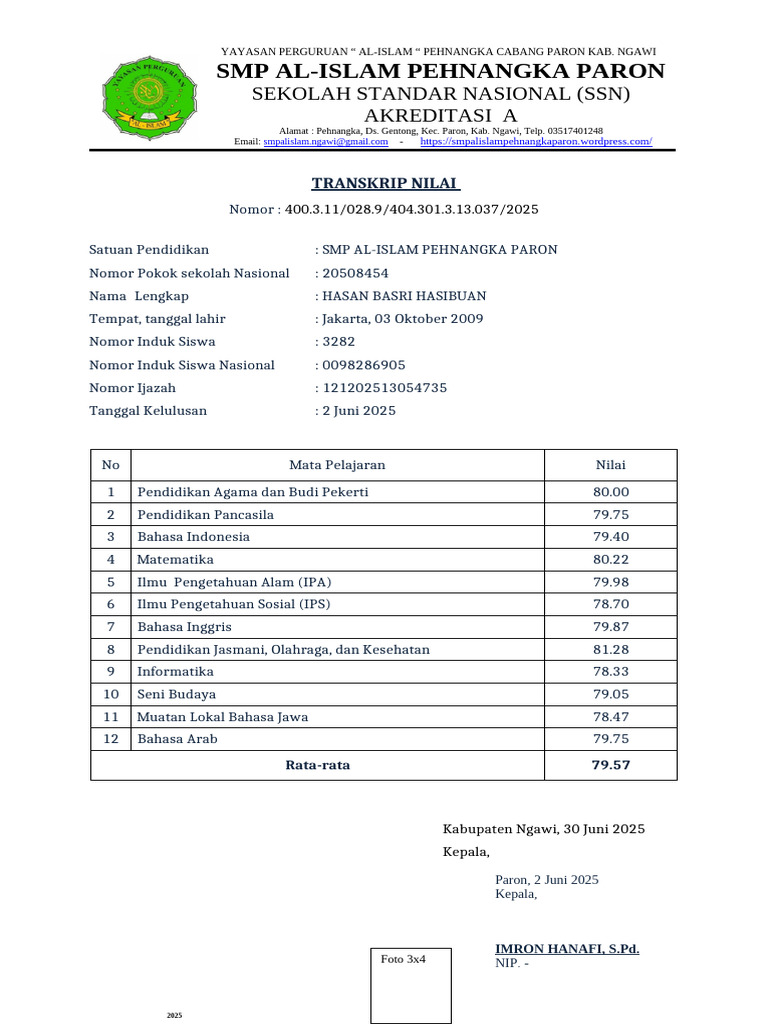 Transkrip Nilai SMP Al-Islam 2025 PDF Transkrip Nilai SMP Al-Islam 2025 PDF