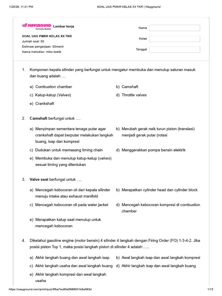 Soal Uas PMKR Kelas Xii TKR - Wayground PDF Soal Uas PMKR Kelas Xii TKR - Wayground PDF