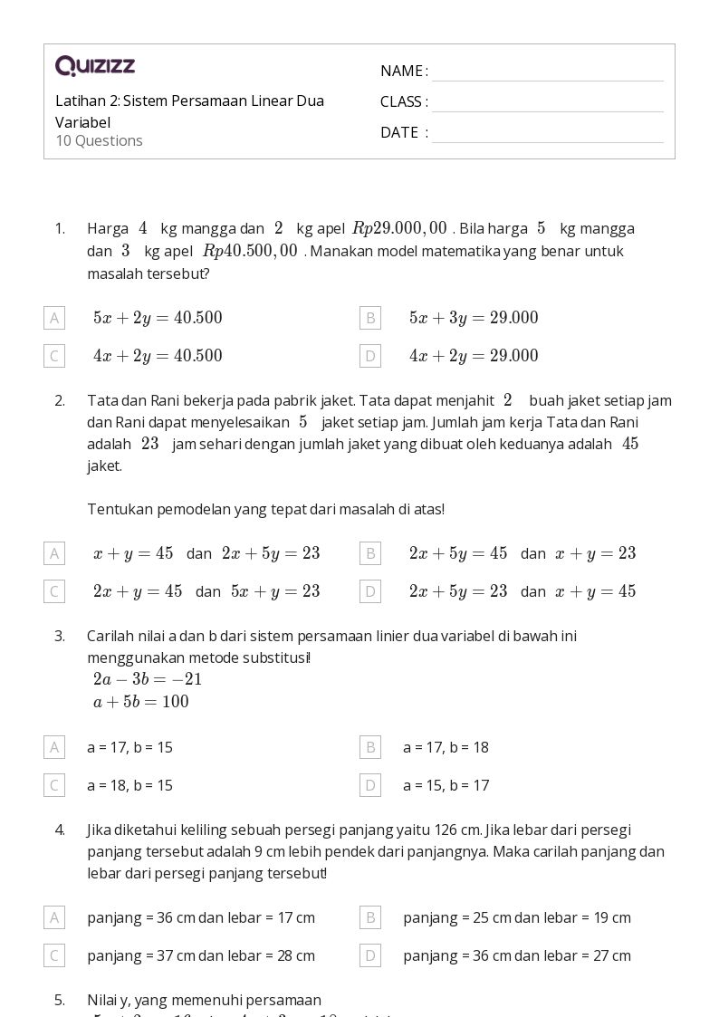 50 lembar kerja Persamaan linear untuk Kelas 8 di Quizizz Gratis 50 lembar kerja Persamaan linear untuk Kelas 8 di Quizizz Gratis