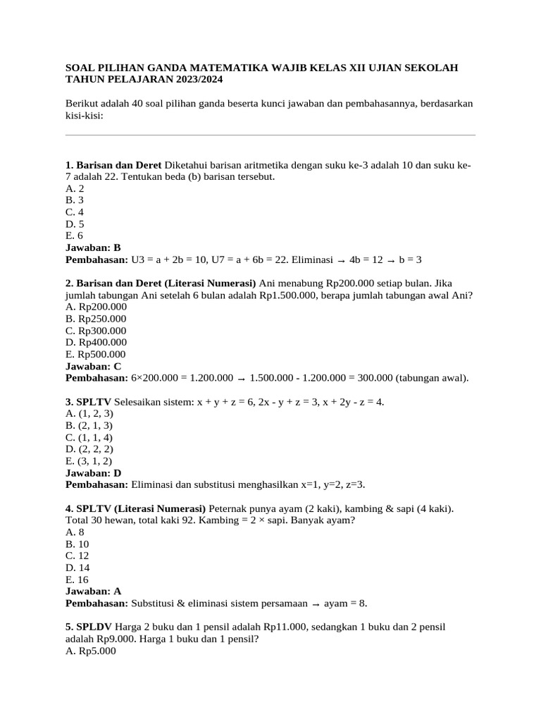 Soal Pilihan Ganda Matematika Wajib Kelas Xii Ujian Sekolah PDF Soal Pilihan Ganda Matematika Wajib Kelas Xii Ujian Sekolah PDF