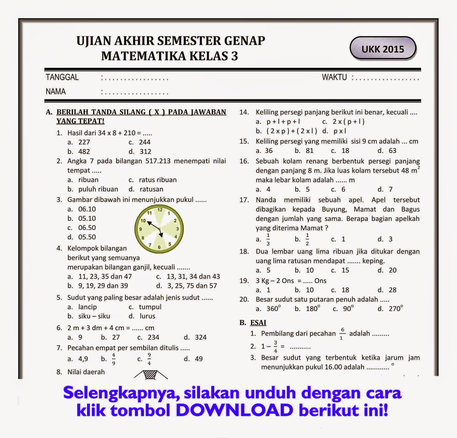 Download Soal UKK Matematika Kelas 3 Semester Genap - Rief Awa Blog
