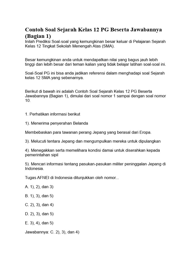 Akhirnya Tahu Bentuk Soal Sejarah Kelas 12 Semester 2: 10 Contoh Soal PG dan Jawaban yang Sering Muncul