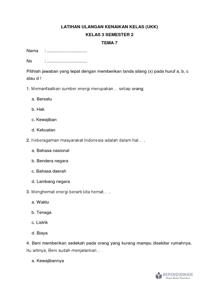 Download Soal UKK Semester 2 Kelas 3 SD Tema 7 Wajib Tahu Sekarang Sebelum Terlambat
