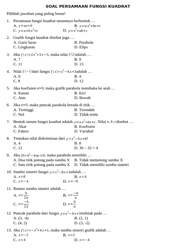 Soal Persamaan Fungsi Kuadrat Kelas 10 PDF Soal Persamaan Fungsi Kuadrat Kelas 10 PDF