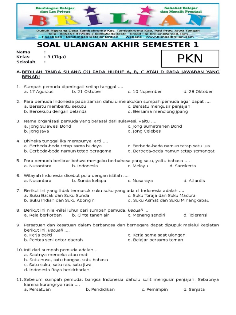 Soal UAS PKN Kelas 3 SD Semester 1 Ganjil Dan Kunci Jawabannya PDF Soal UAS PKN Kelas 3 SD Semester 1 Ganjil Dan Kunci Jawabannya PDF