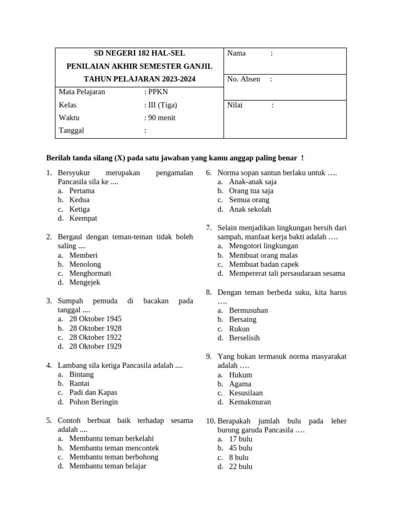 Soal Uas Kelas 3 Sem 1 PDF Soal Uas Kelas 3 Sem 1 PDF