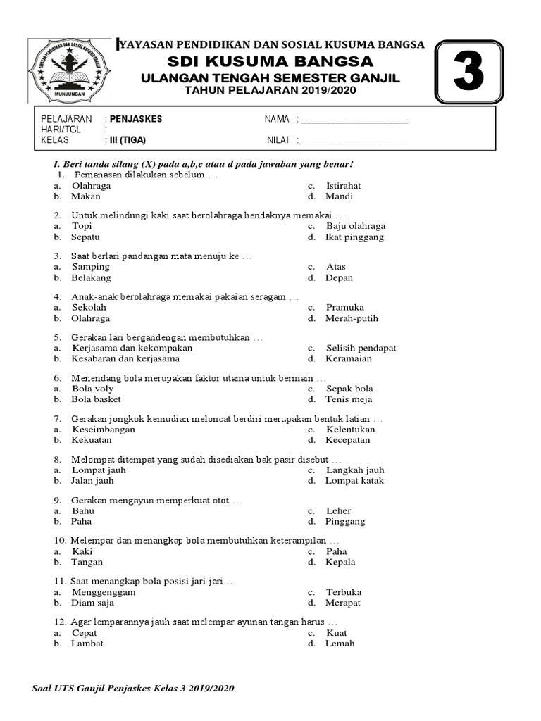 Soal UTS Penjaskes Kelas 3 SD 2019 2020 PDF Soal UTS Penjaskes Kelas 3 SD 2019 2020 PDF