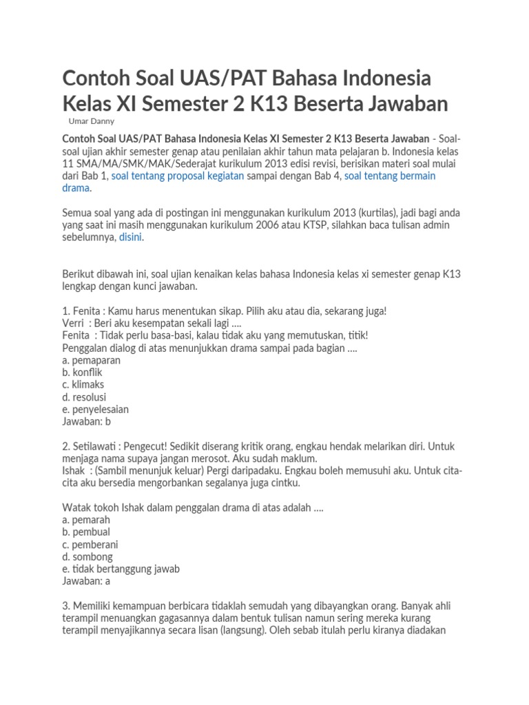 Soal UAS Bahasa Indonesia Kelas XI PDF Soal UAS Bahasa Indonesia Kelas XI PDF