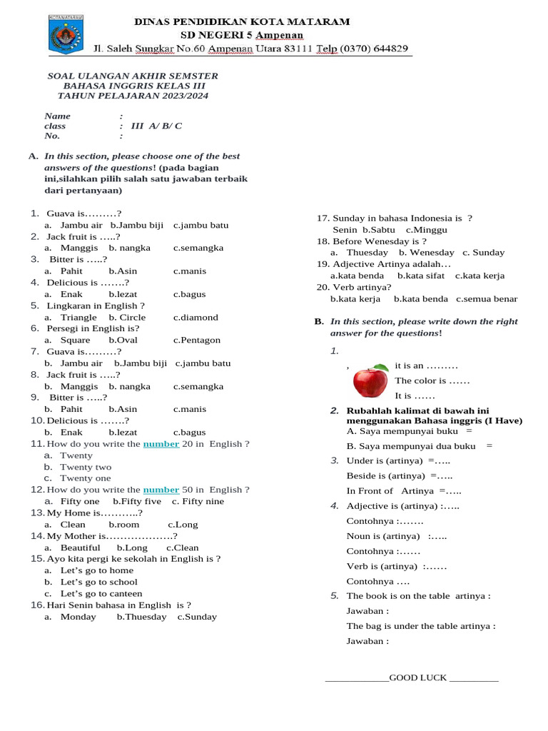 SOAL KELAS 3 UAS PDF SOAL KELAS 3 UAS PDF